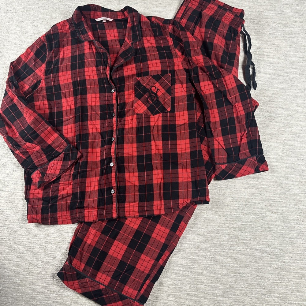 Victoria's Secret Buffalo Plaid Christmas Pajama Set L Cozy Holiday Lounge Red